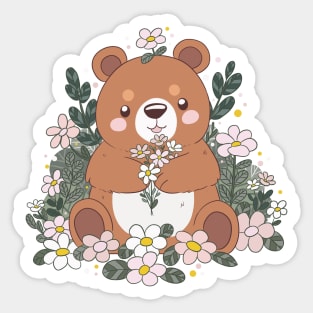 Cute brown bear holding flowers Sticker